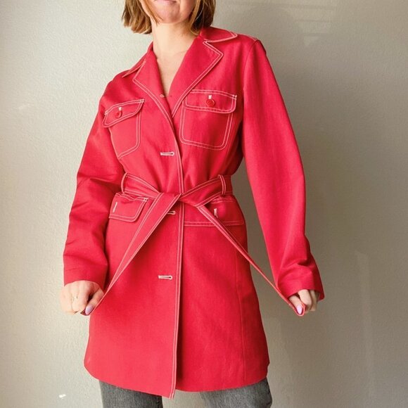 J. Crew Red Cotton White Outstitch Trim Belted Long Trench Coat Jacket - Picture 5 of 9